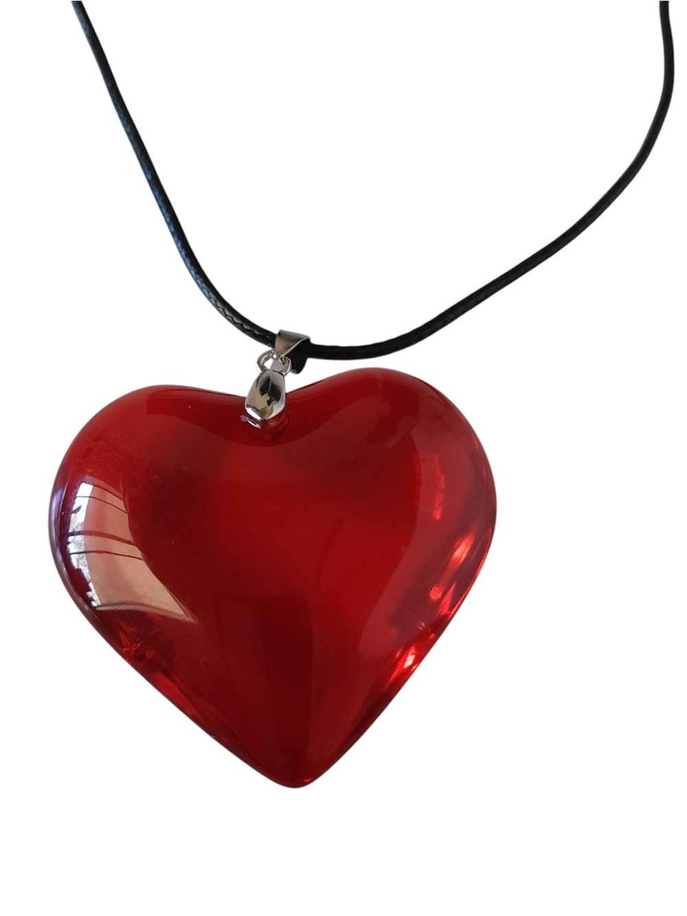 Red Glass Heart Pendant Necklace Goth Black Cord Puffy Acrylic Choker Y2K - Picture 3 of 7
